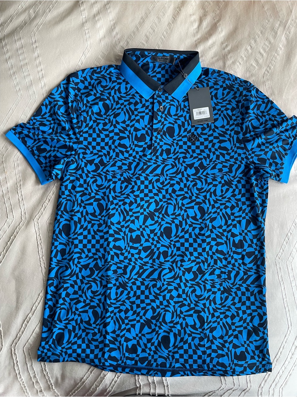 $120 NWT G/FORE Blue & Black Optical Print Polo Large G4MF23K241